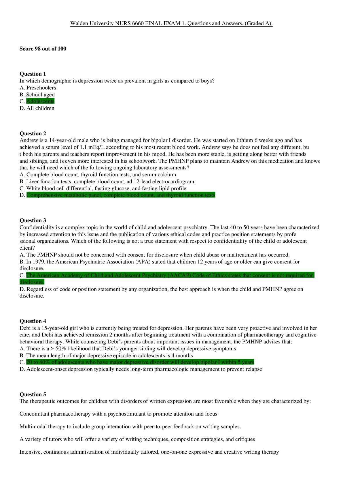Preview image for Walden University NURS 6660 FINAL EXAM 1. Questions and Answers. (Graded A).